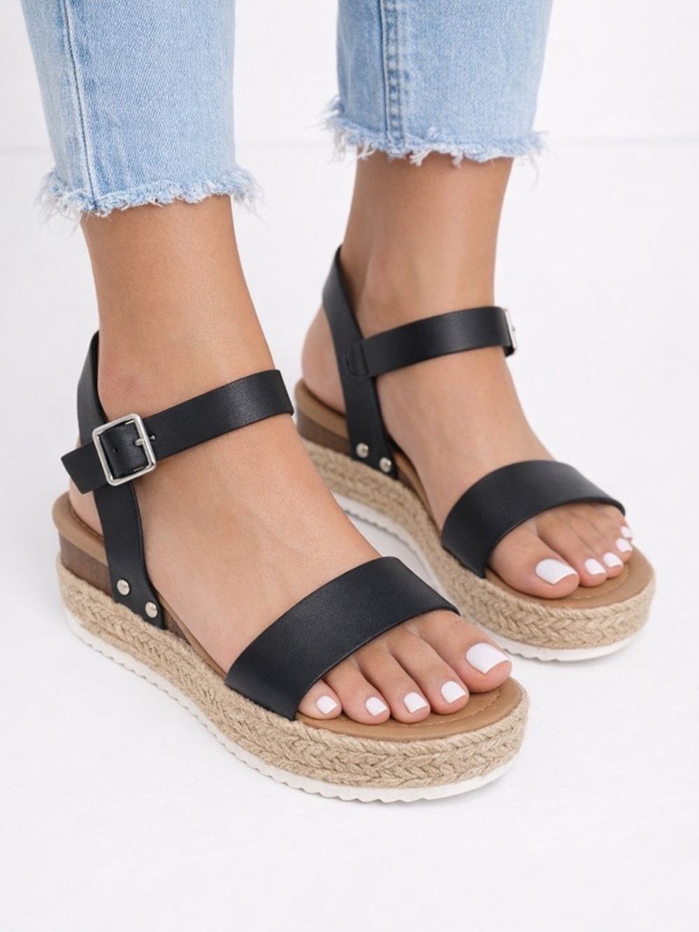Soda Black Espadrille Sandals - Platform Ankle Strap Casual
